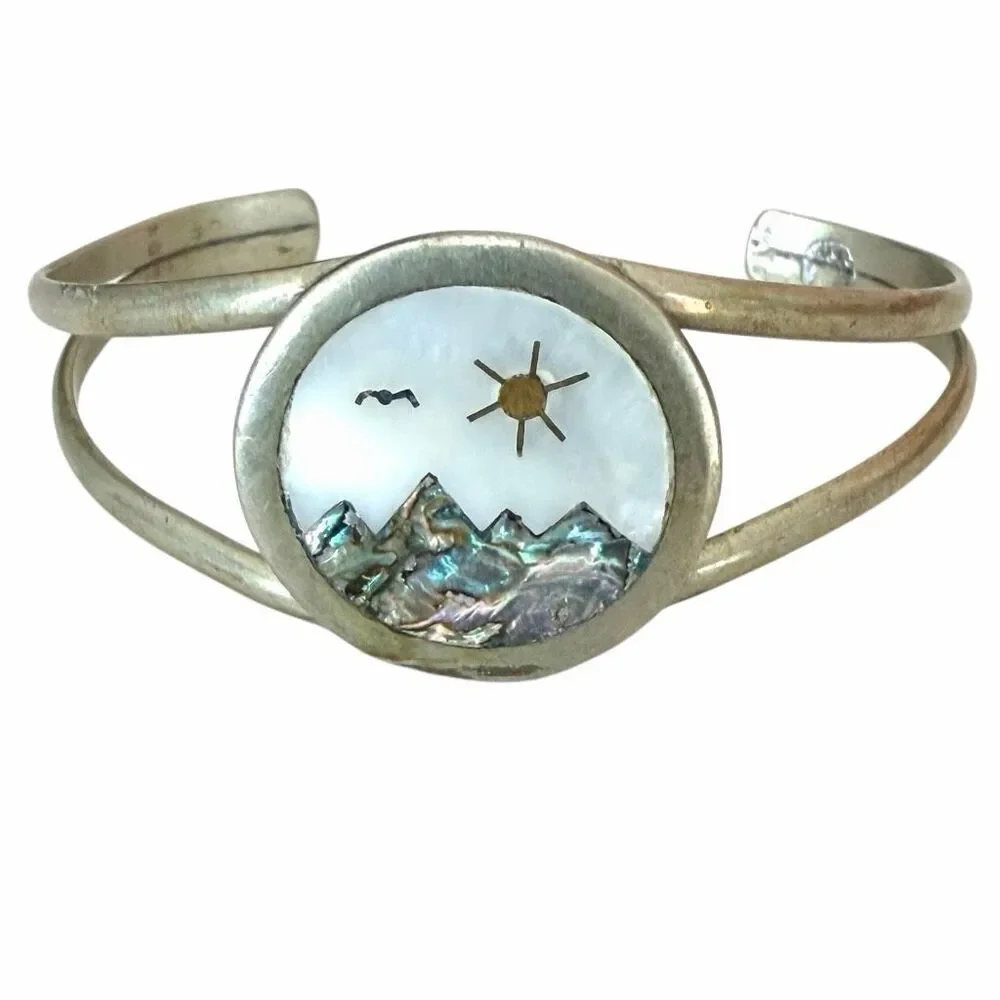 Vintage Mother of Pearl Abalone Mountain Landscape Cuff Bracelet